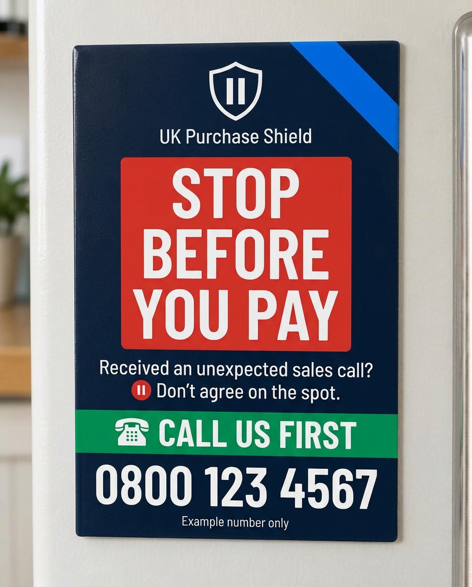 Purchase Shield fridge magnet: Stop before you pay. Call us first. Example number 0800 123 4567.